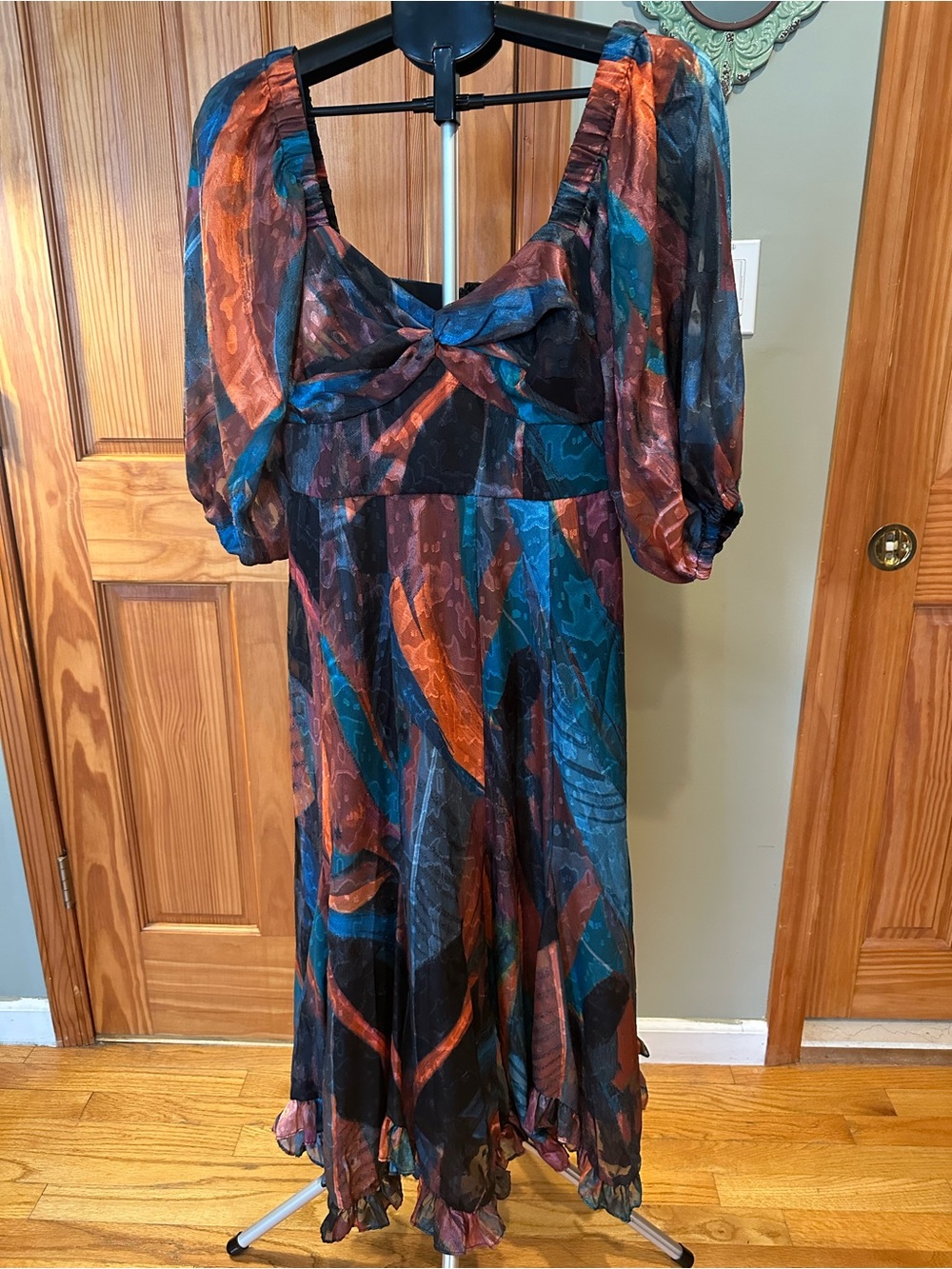 Women's Anthropologie Twisted Front Puff Sleeve Midi Dress - Teal & Rust